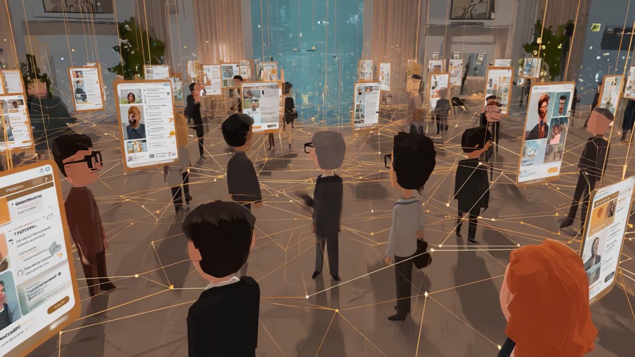 In a dynamic and interactive virtual space, attendees engage and connect with each other as they explore a network of profiles displayed on digital screens, showcasing a modern networking experience