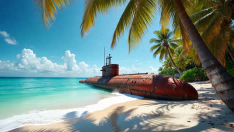 rusty submarine on a tropical beach