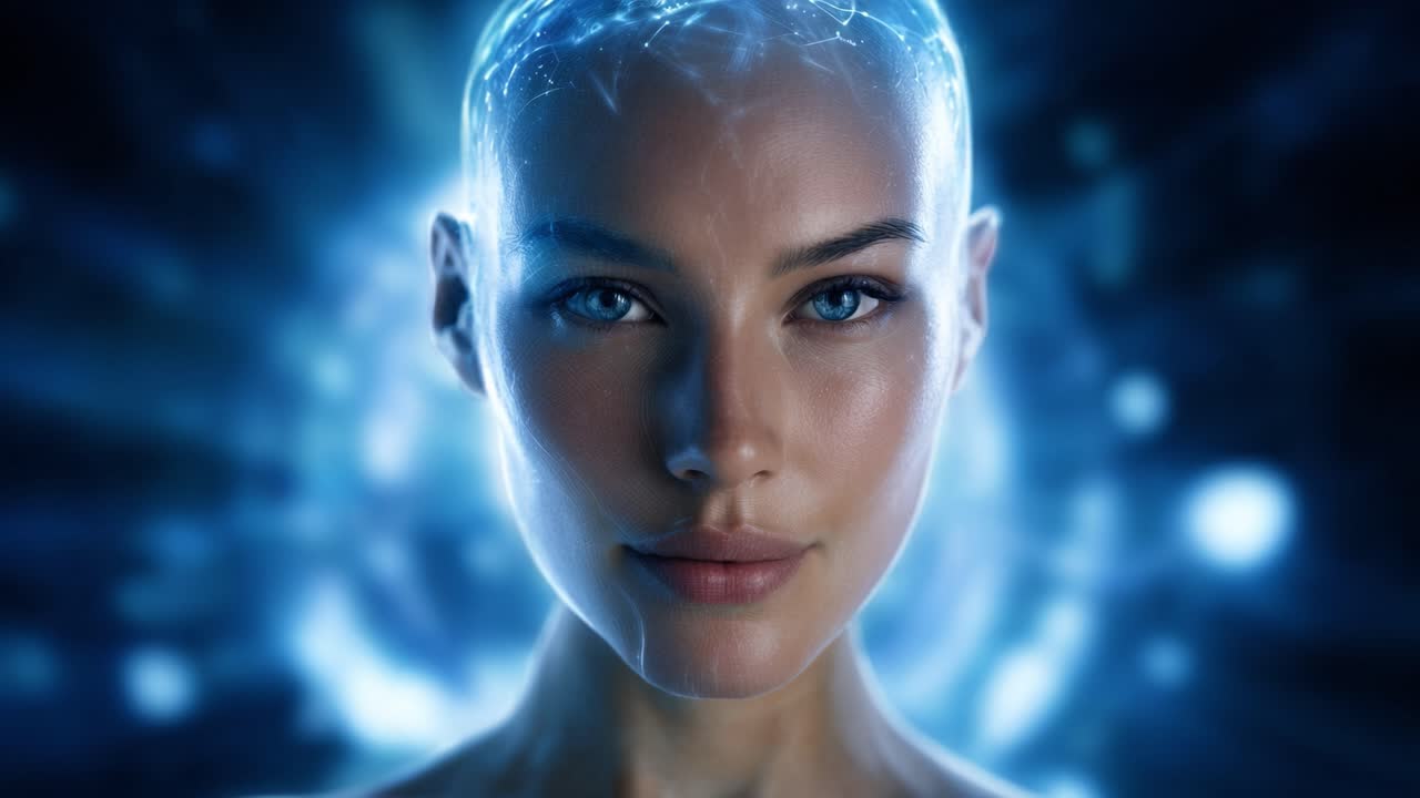 A captivating digital representation of an advanced humanoid with luminous features and intricate neural patterns, showcasing the fusion of technology and humanity