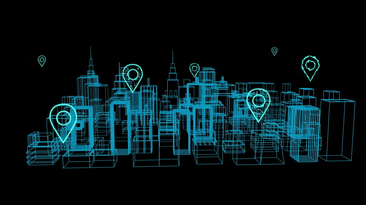 Animation of digital location icons flying over cityscape