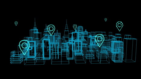 animation of digital location icons flying over cityscape