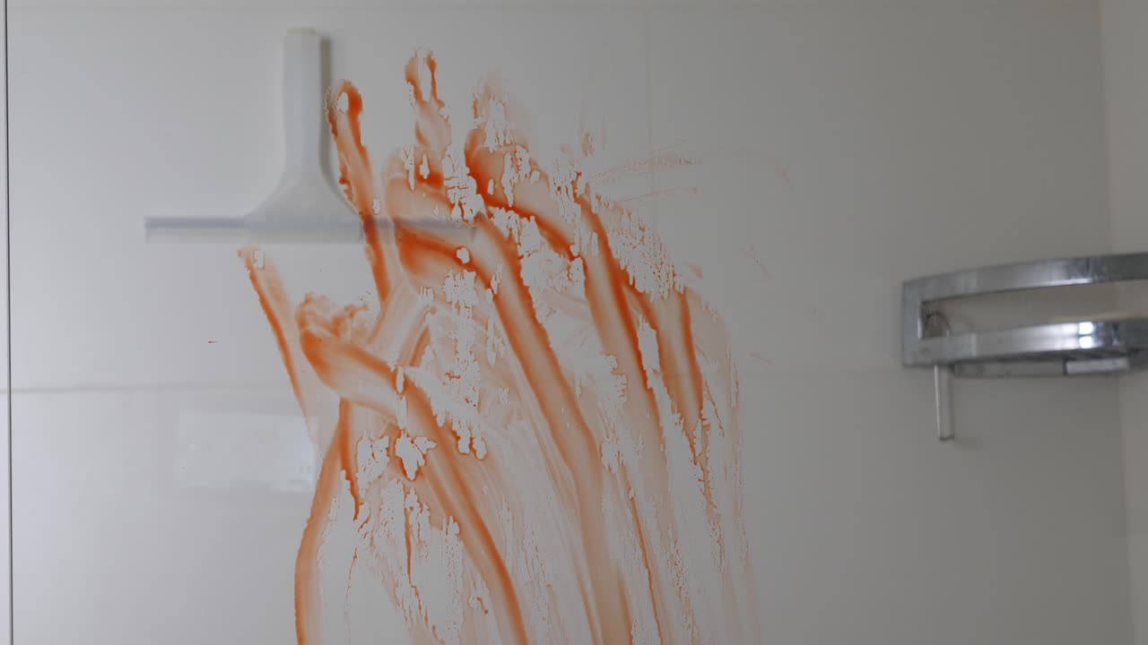 mano ensangrentada deslizándose por la ventana de cristal de la ducha, dejando una mancha de sangre, primer plano