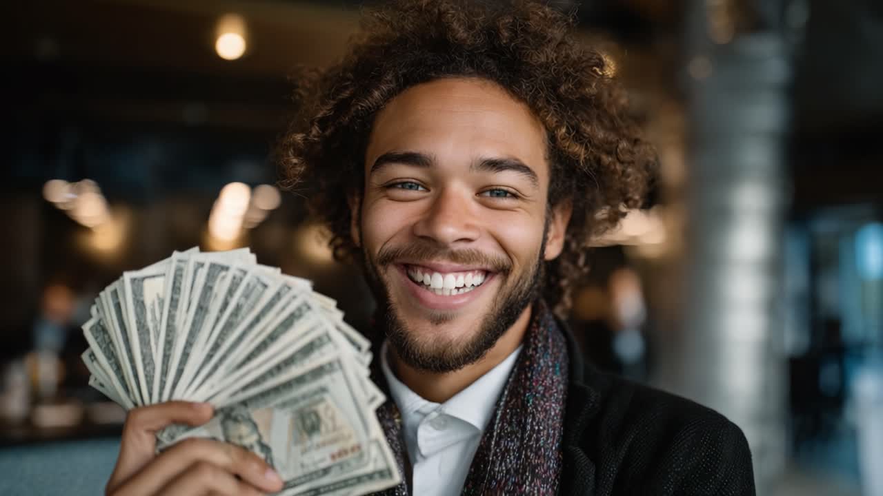 Expressão alegre de sucesso financeiro: um indivíduo sorrindo, exibindo orgulhosamente uma pilha de dinheiro em um ambiente interno moderno, irradiando positividade e confiança