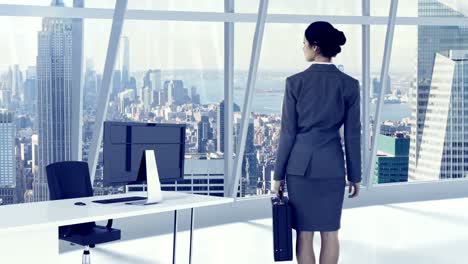 Rear-view-of-businesswoman-standing-in-office-with-briefcase