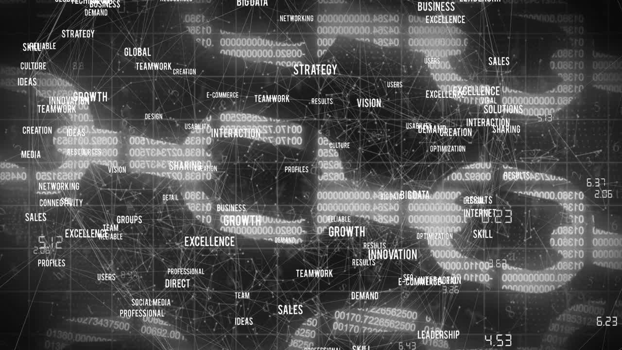 animación de textos y cadenas comerciales sobre fondo negro