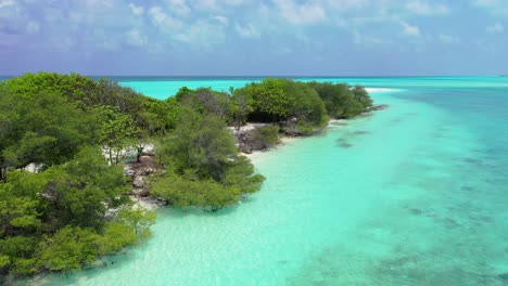 Lush-vegetation-of-tropical-island-bent-over-calm-crystal-water-of-turquoise-lagoon-around-cape-on-a-beautiful-day-with-bright-cloudy-sky-in-Cook-islands