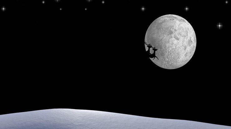 Animação de Papai Noel e trenó sobre o céu noturno