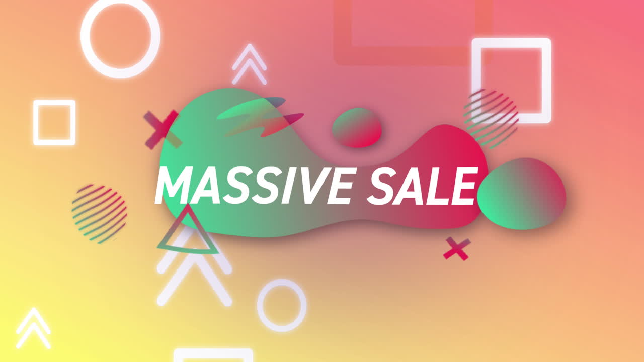 animación de texto de venta masiva en letras blancas sobre mancha líquida roja y verde y formas blancas