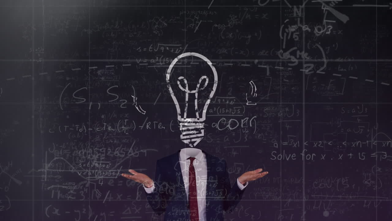 Mathematical equations floating against light bulb over face of businessman against black background
