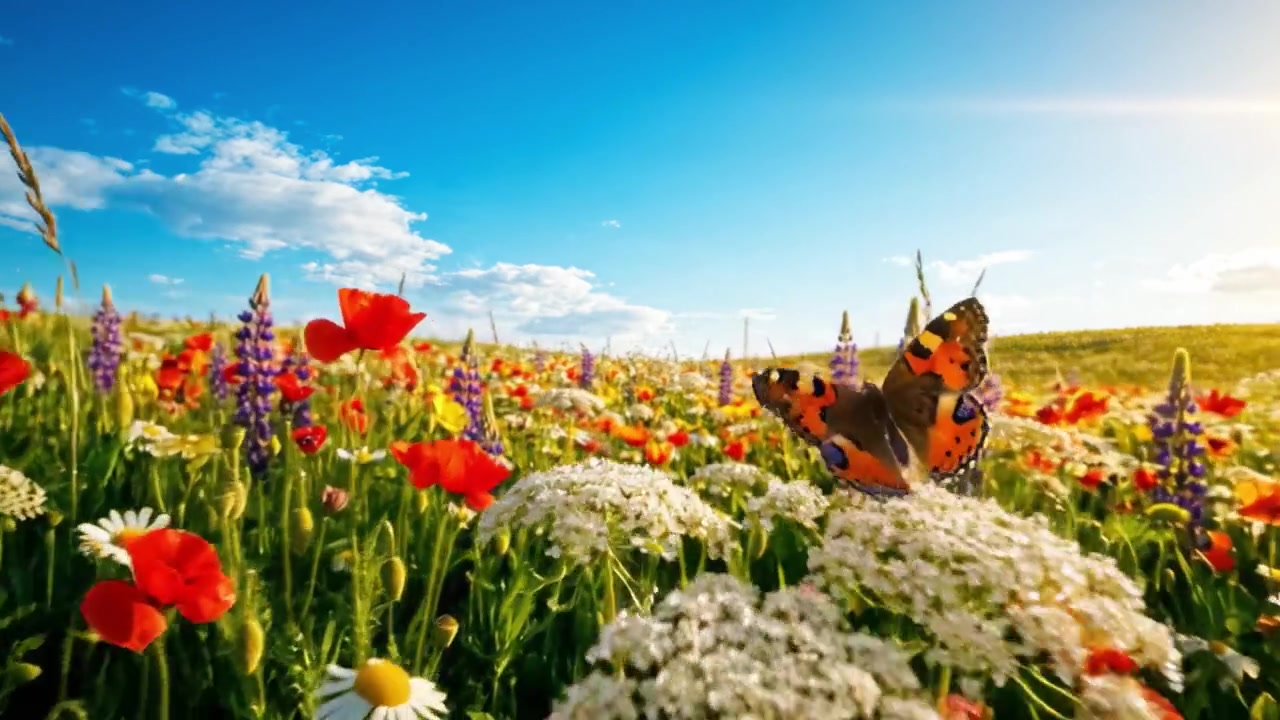 Un prato vibrante in fiore: incantevoli fiori primaverili nel loro pieno splendore sotto un cielo azzurro e luminoso.