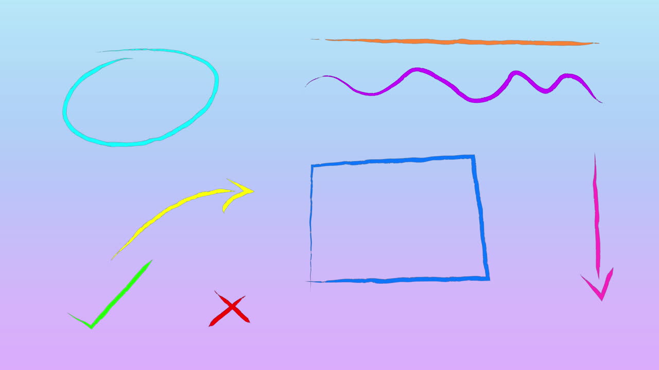 animación de formas y símbolos coloridos contra un fondo de gradiente azul y púrpura