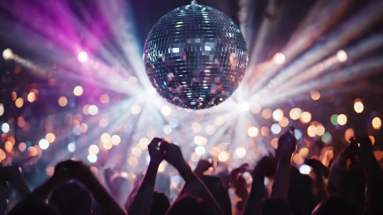 Una vivace scena da discoteca illuminata da una scintillante palla da discoteca che riflette luci colorate in mezzo a una folla entusiasta, catturando l'essenza della vita notturna e della celebrazione.