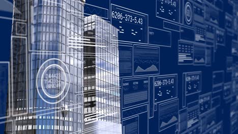 animation of graphs, loading circles and bars with changing numbers over modern buildings