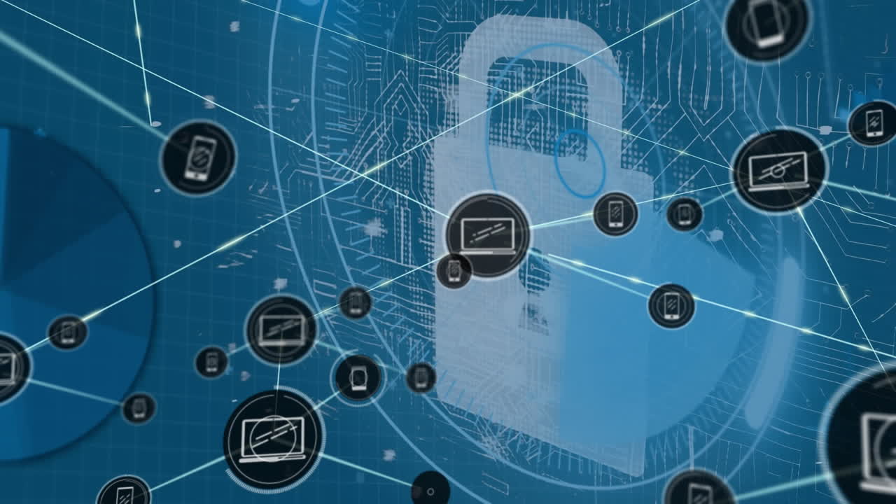 animación de la red de conexiones con iconos digitales y candado