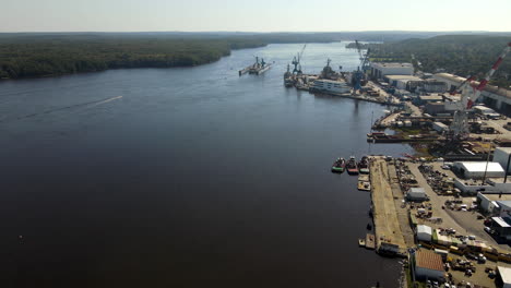 static aerial shot of the wet docks and dry docks at bath iron works