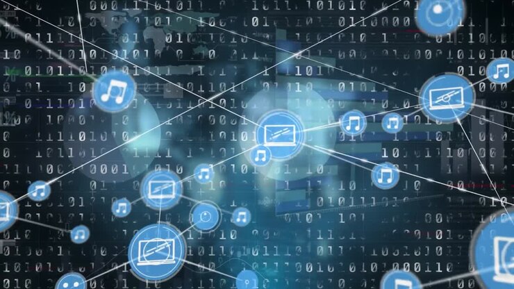 Animation of network of digital icons and binary coding against statistical data processing