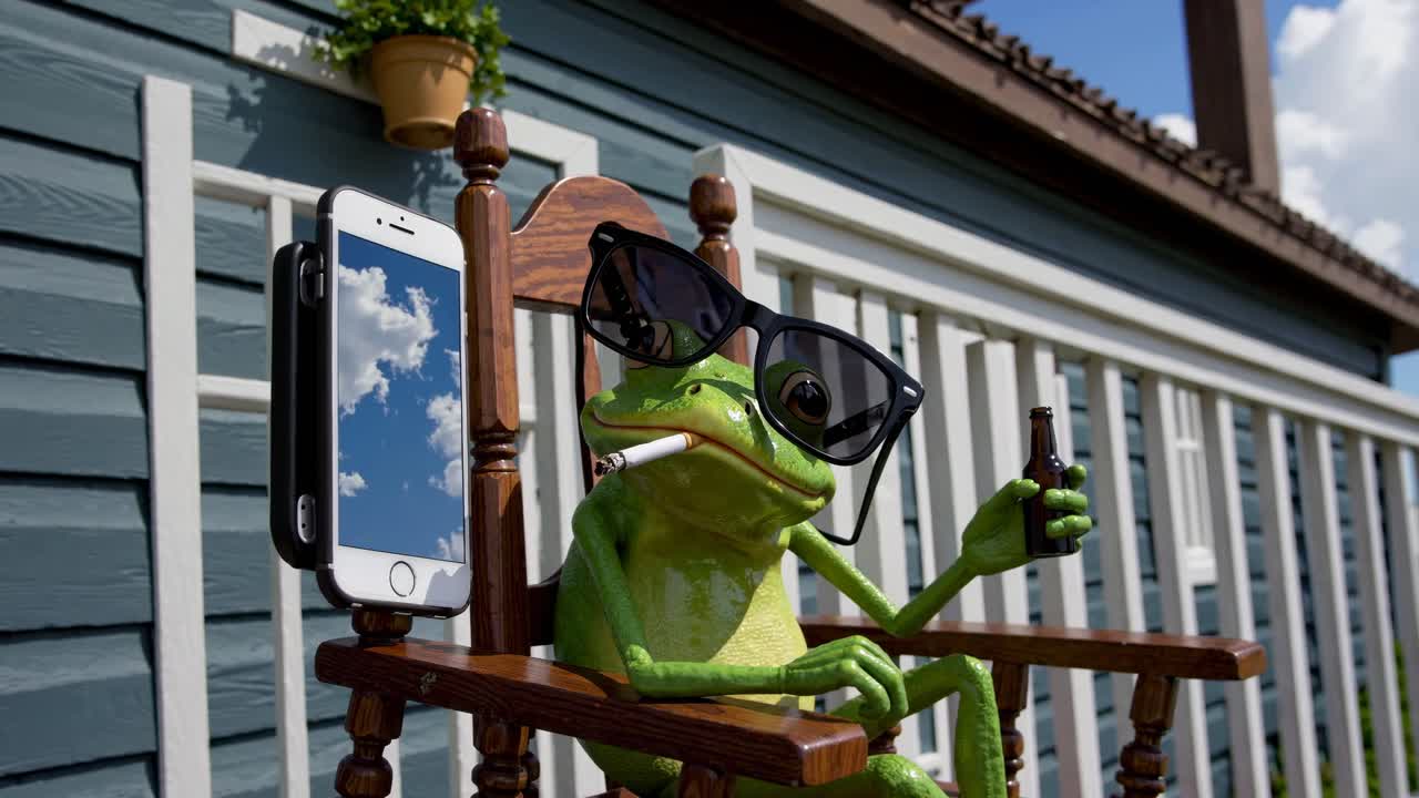 Frog in Rocking Chair with Smartphone, Beer, and Sunglasses