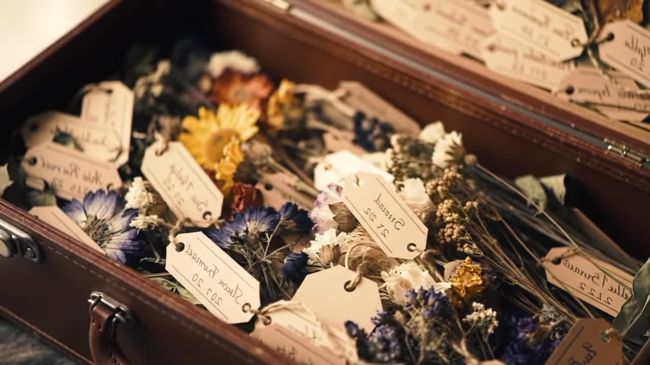 A Captivating Display of Preserved Flora: An Open Suitcase Filled with Beautifully Tag-Labeled Dried Flowers Showcasing Nature's Timeless Beauty