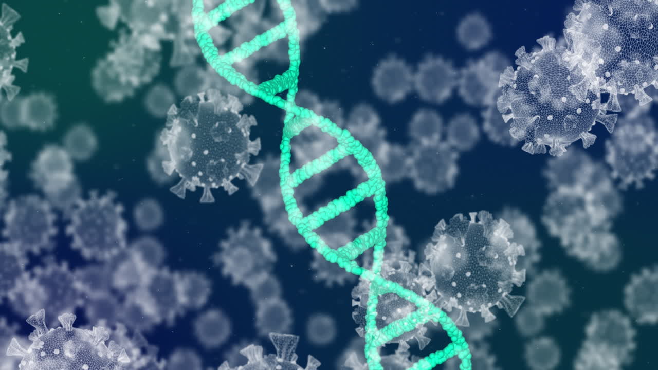 animación de una cadena de adn girando y células de covid-19 flotando sobre un fondo azul