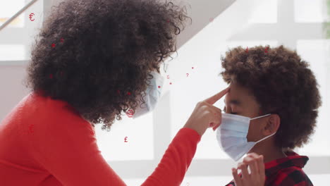 in school, woman adjusting child's face mask with floating currency symbols animation