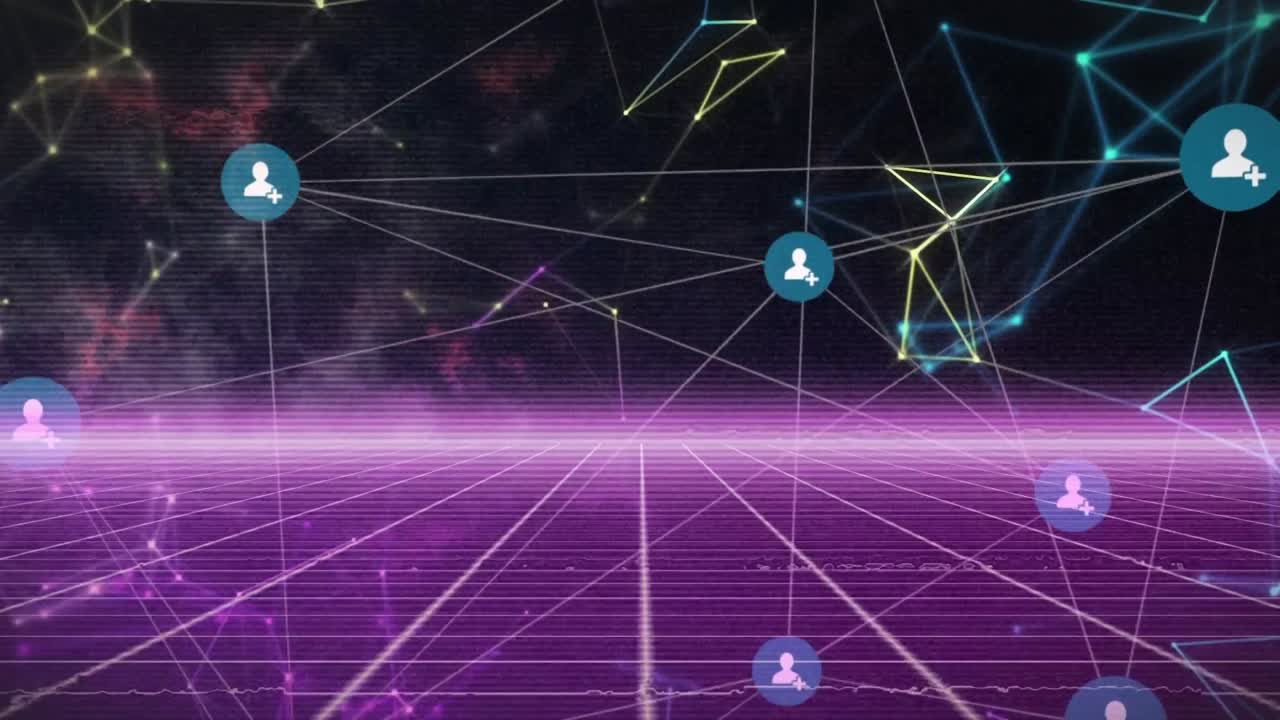 검은 바탕의 네온 선 위에 아이콘으로 연결된 네트워크의 애니메이션