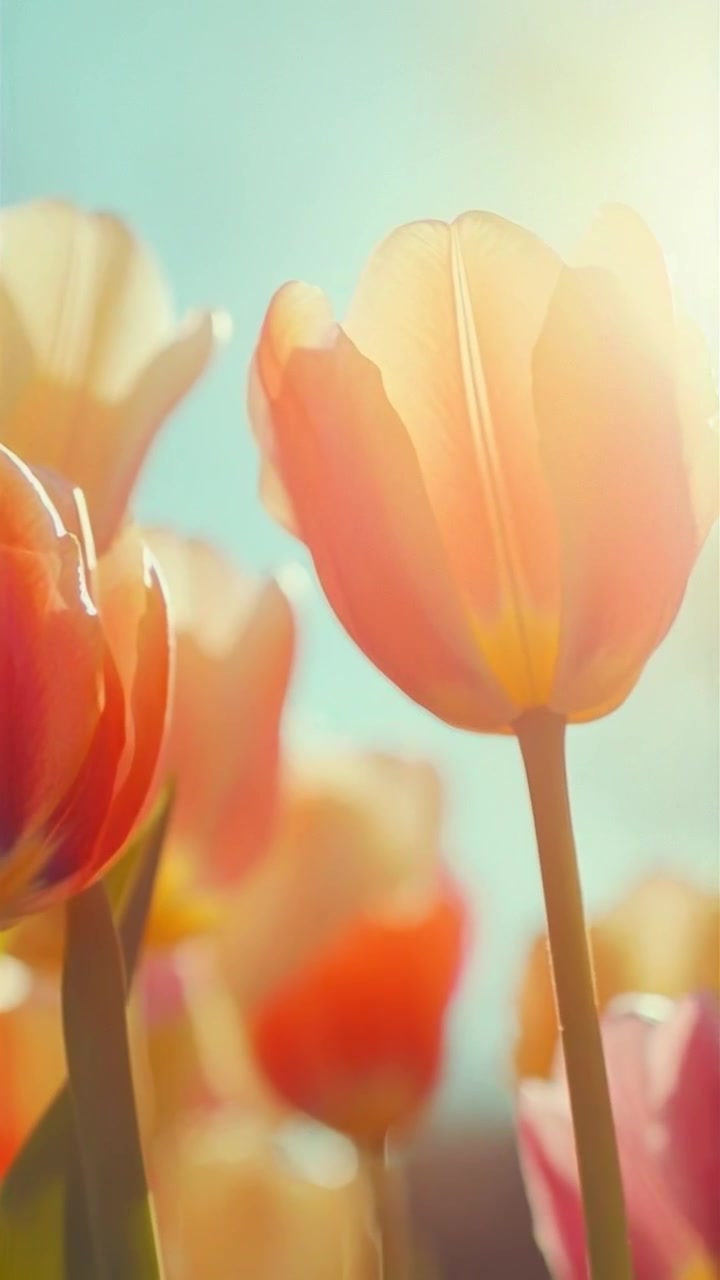 Soft Focus Peach Tulips Blooming in Bright Sunlight