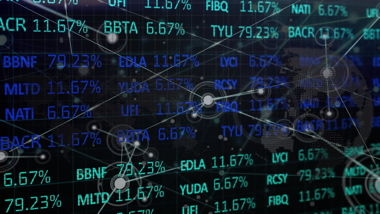 연결 네트워크와 주식 시장 데이터 처리가 검은 바탕에 회전하는 지구상에서