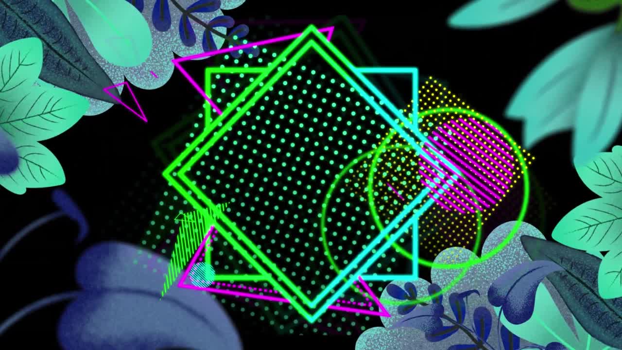 Animazione di forme geometriche colorate e foglie su sfondo nero