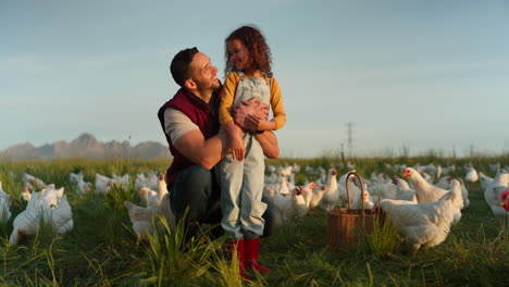 man with girl, happy chicken farmer
