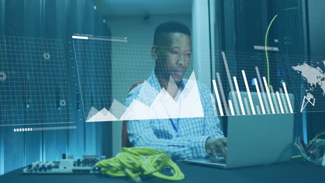 animation of data processing over african american it man by computer servers