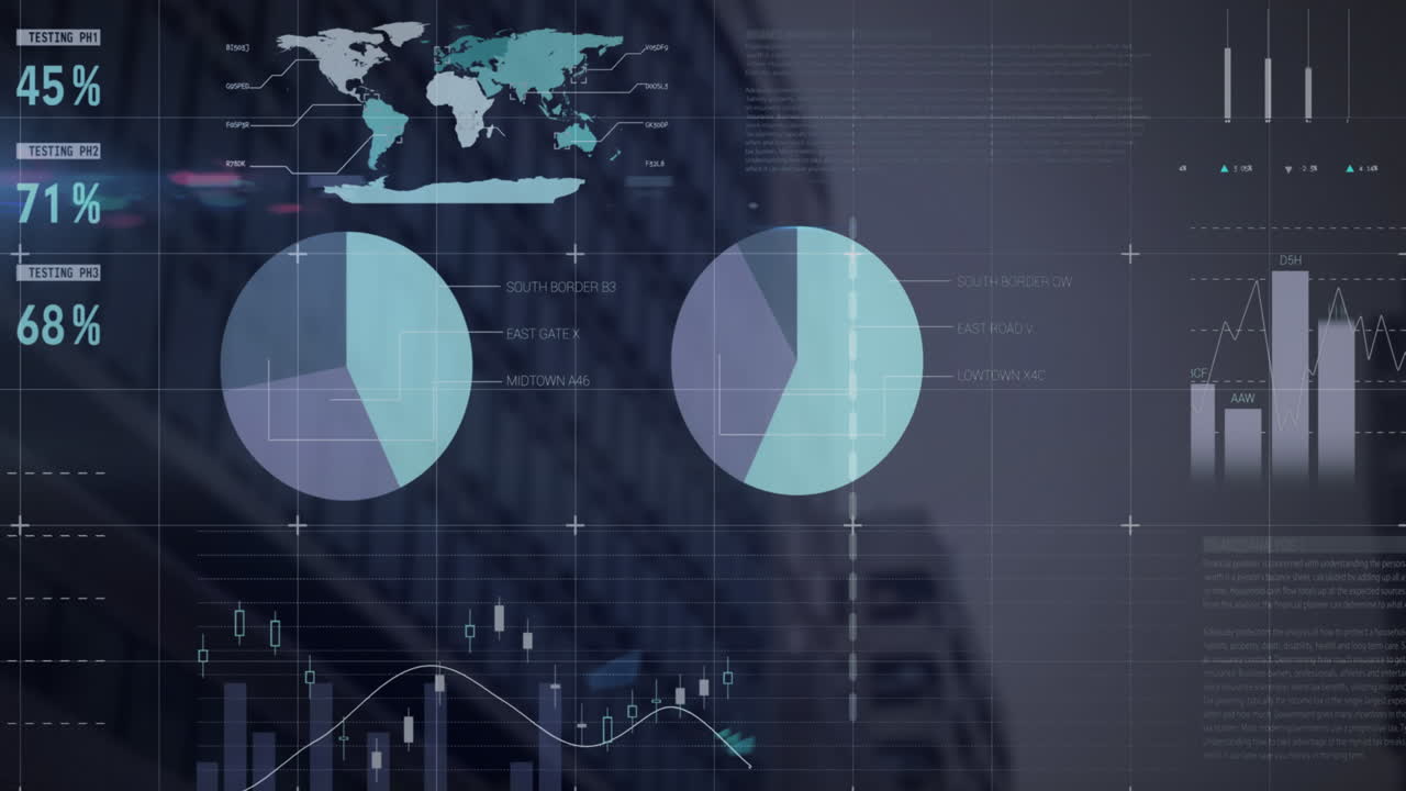 Animation of infographic interface over low angle view of modern building against sky