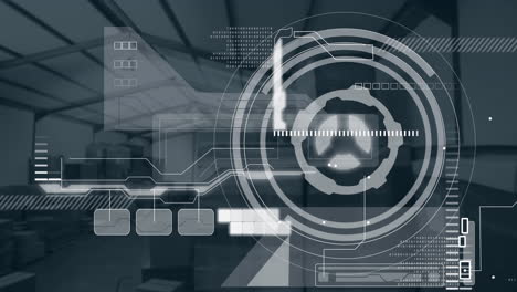 Animation of processing circle and data over warehouse