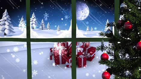 Animation-Einer-Winterlandschaft-Und-Geschenke-Durch-Das-Fenster-Gesehen