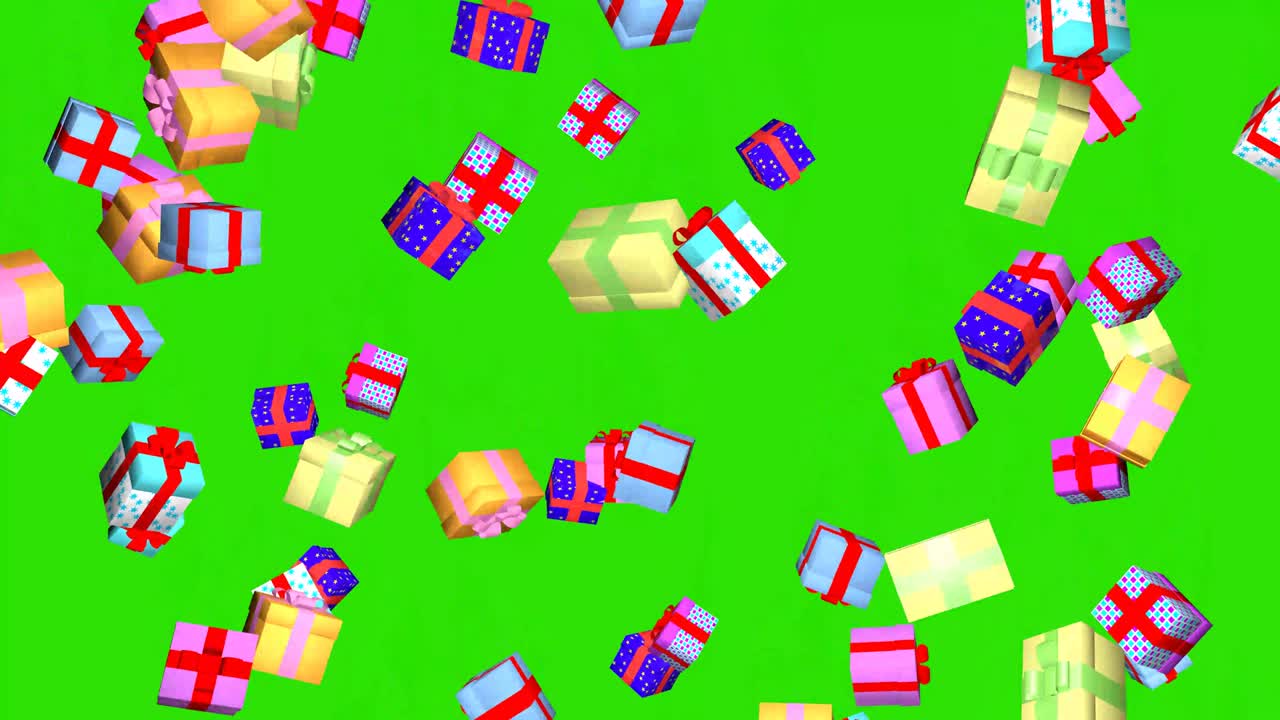 Christmas background.  Festive background. Colorful Christmas gifts moving on a Green screen.  3D animation.