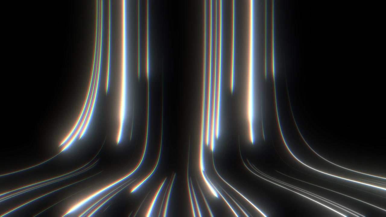Streak Particles Emitting and Flowing Following Warped Path. Glowing Abstract Energy with Chromatic Aberration on Black Background.