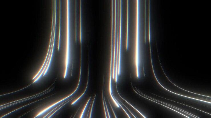 Streak Particles Emitting and Flowing Following Warped Path. Glowing Abstract Energy with Chromatic Aberration on Black Background.