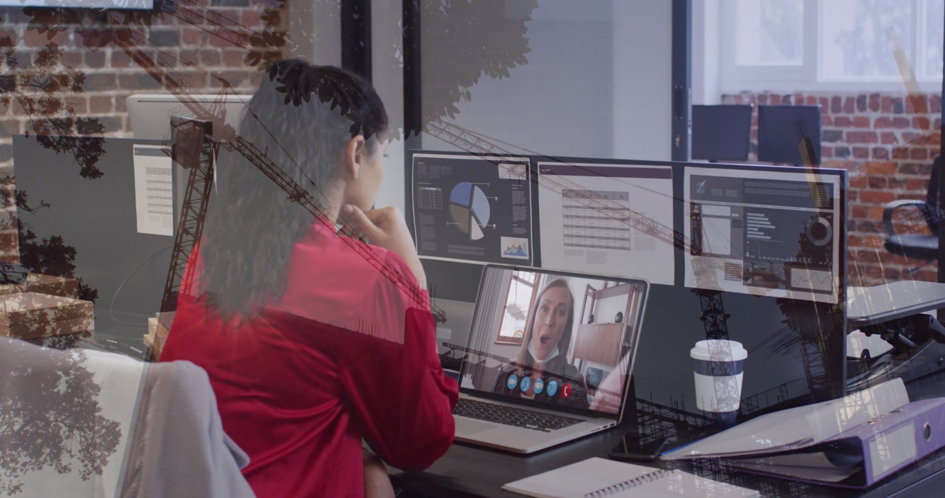 Animation of financial data processing over business people in office