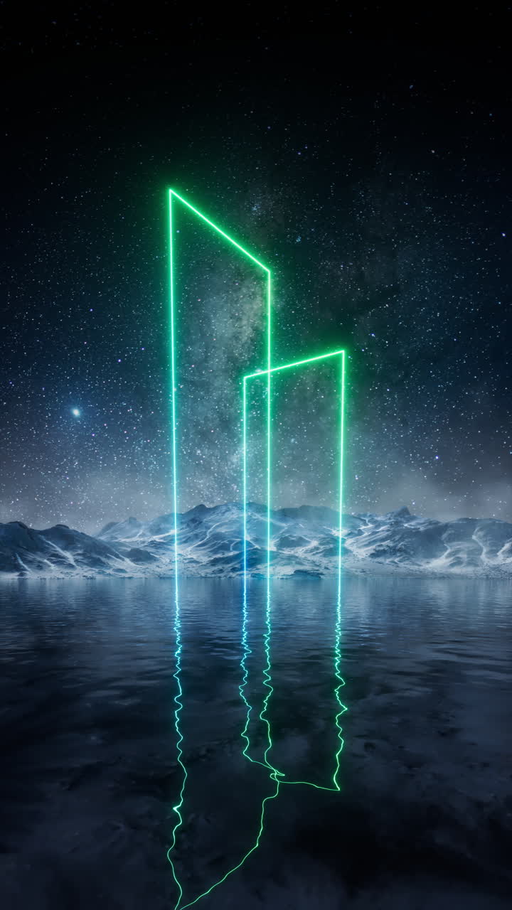 Glowing neon lines on the lake at night, 3d rendering.
