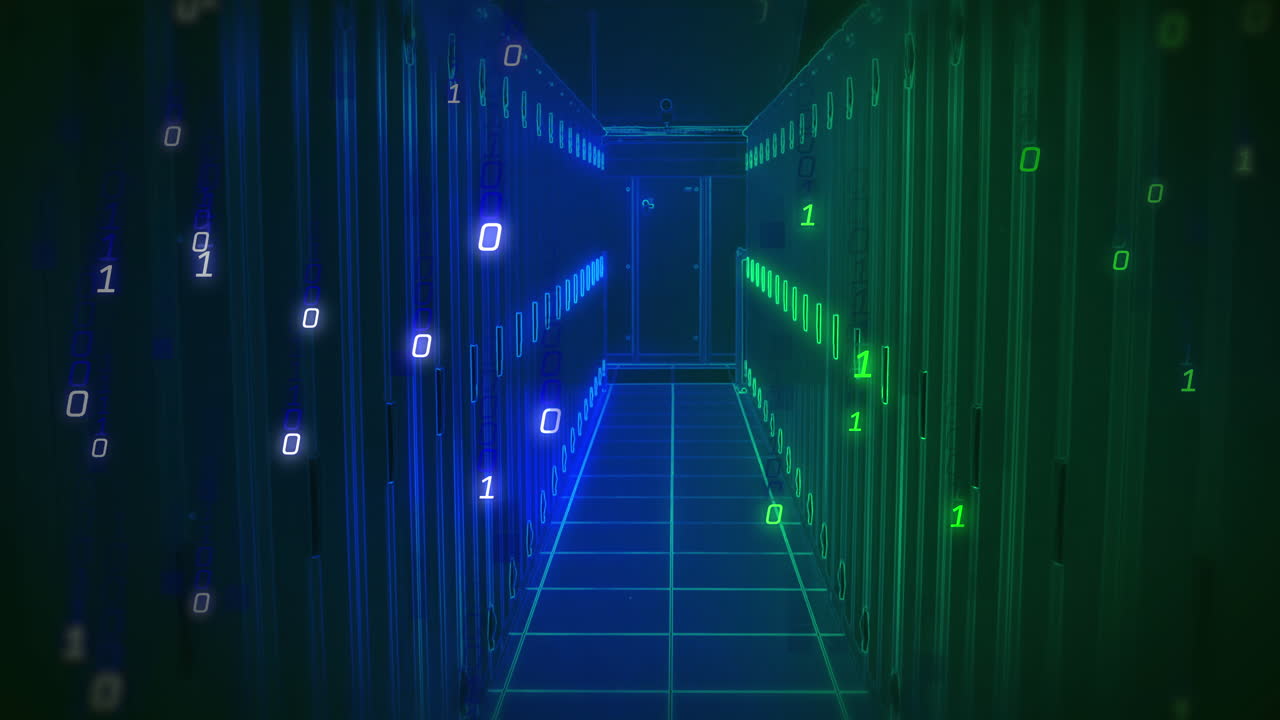 Animation of binary coding over blue and green server room