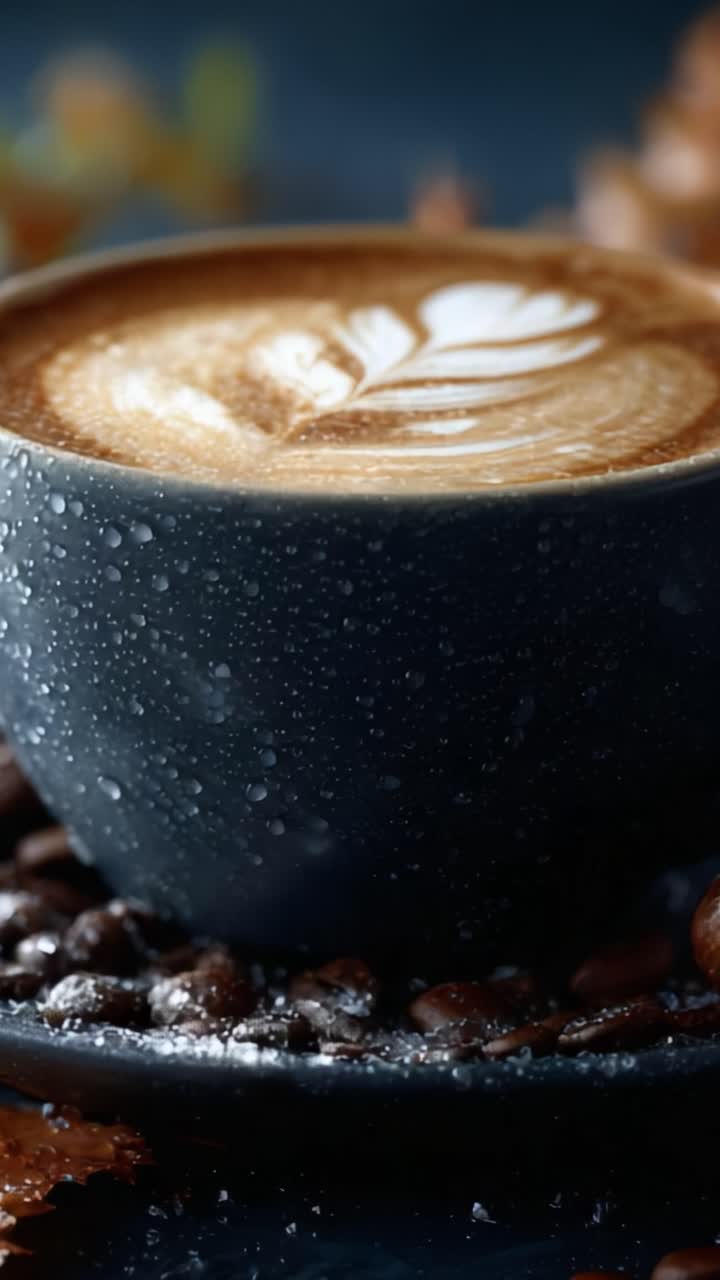 En smukt udformet kop kaffe, der viser indviklet latte art, omgivet af glinsende kaffebønner og en stemningsfuld baggrund for en hyggelig atmosfære.
