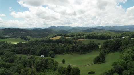 aerial farmland near boone nc, north carolina with mountains in background