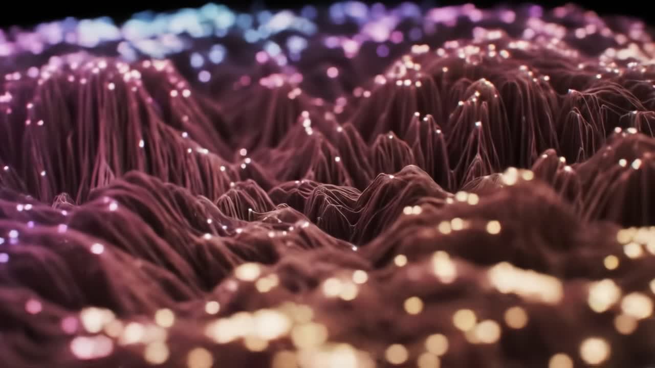 In this captivating display, luminous peaks and valleys emerge with dynamic patterns of glowing energy, creating an immersive and enchanting visual experience that captivates the senses.