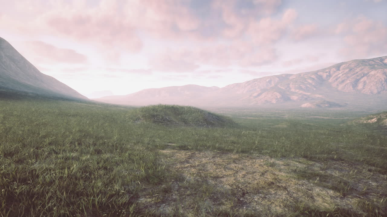 Vast grassy landscape with distant mountains under pastel sky at dusk