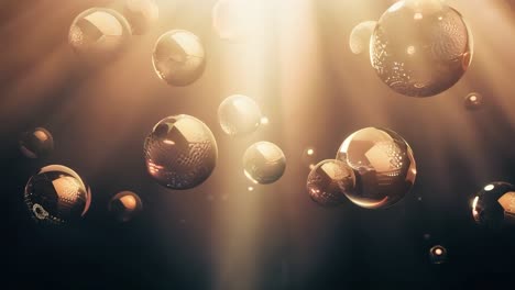 light beams illuminate floating bubbles against a black background, creating a stunning visual effect with transparency and shine