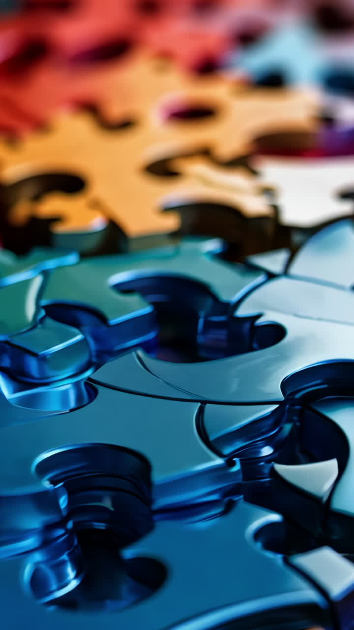A jigsaw puzzle with many pieces of different colors. The puzzle is made of metal and has a shiny appearance
