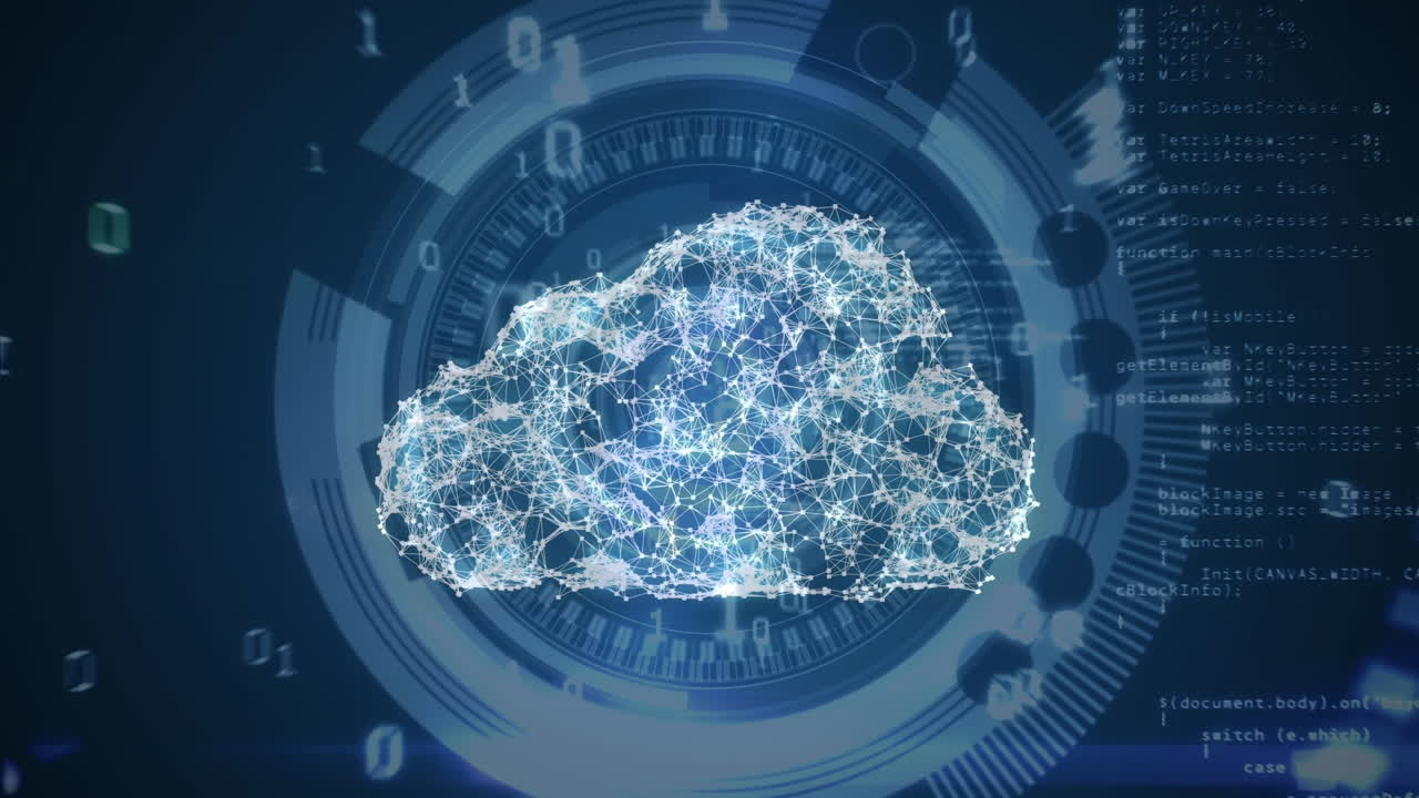 Animation of digital clouds over blue background with binary code