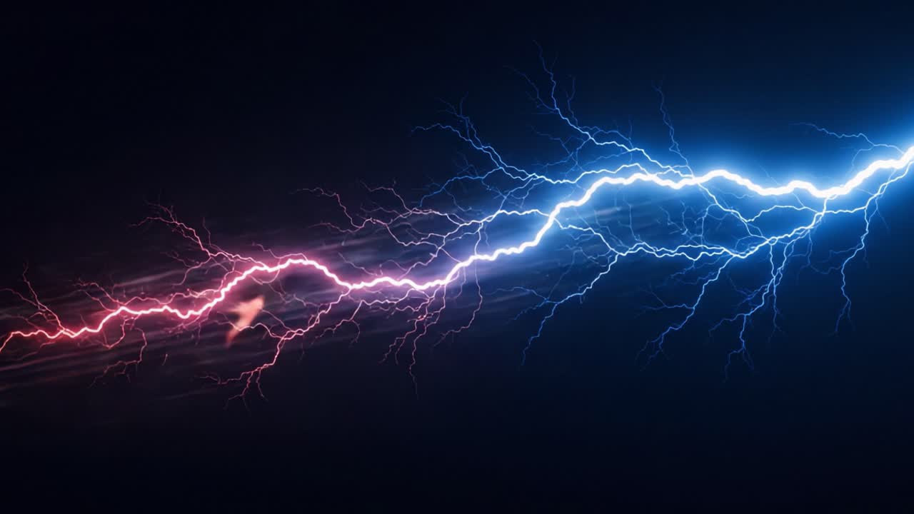 Dynamic Contrast of Bright Blue and Red Lightning Bolts in a Dark Background, Emphasizing the Power and Energy of Natural Forces in a Stunning Visual