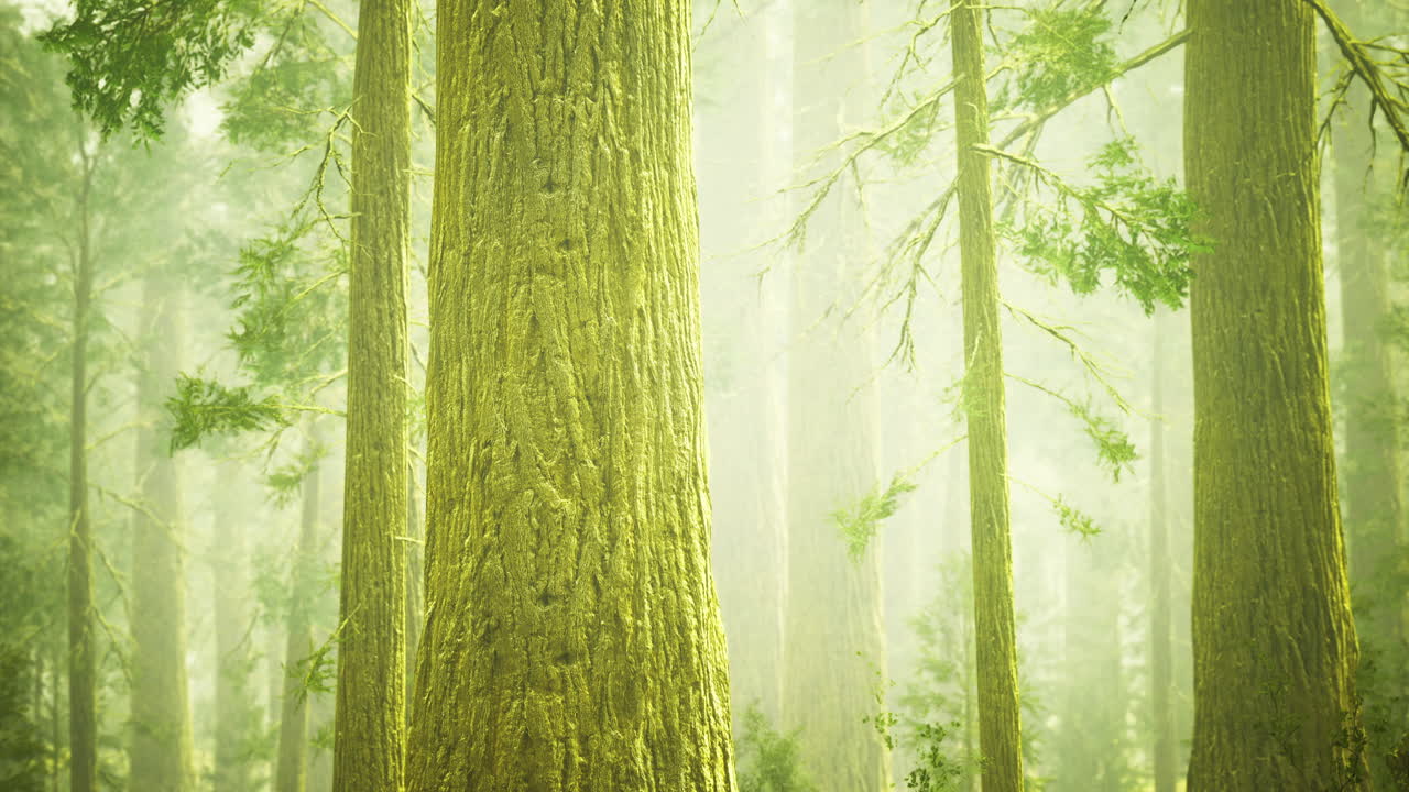 Majestic forest with tall trees surrounded by foggy atmosphere and greenery