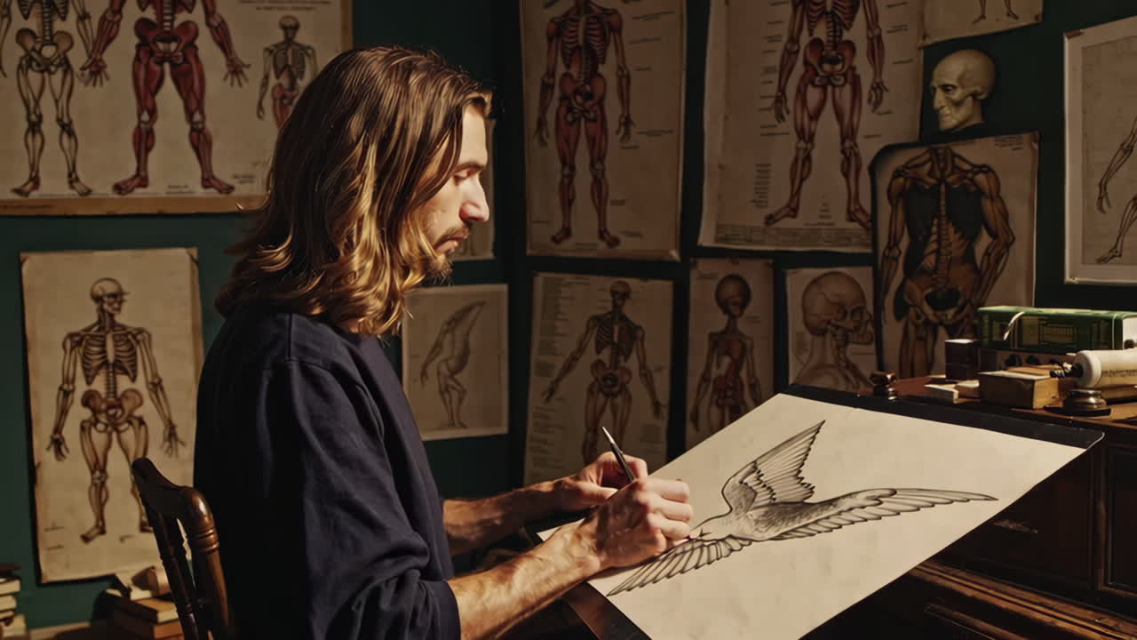 Artist Drawing in a Vintage Anatomical Art Studio