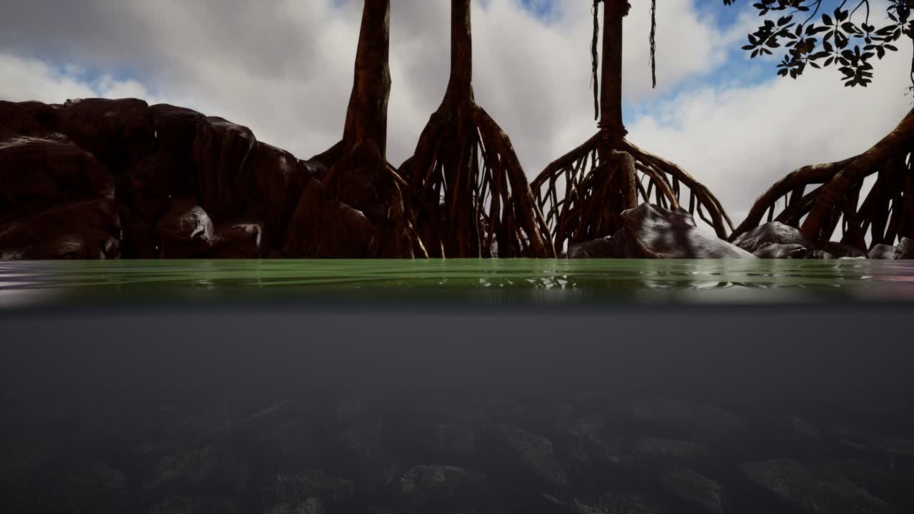 만그로브 나무 근처의 해수면 위와 해수면 아래